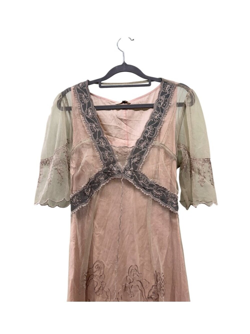 Nataya Vintage-Inspired Embroidered Mesh Dress Beige Pink With Lace Overlay - Picture 4 of 8